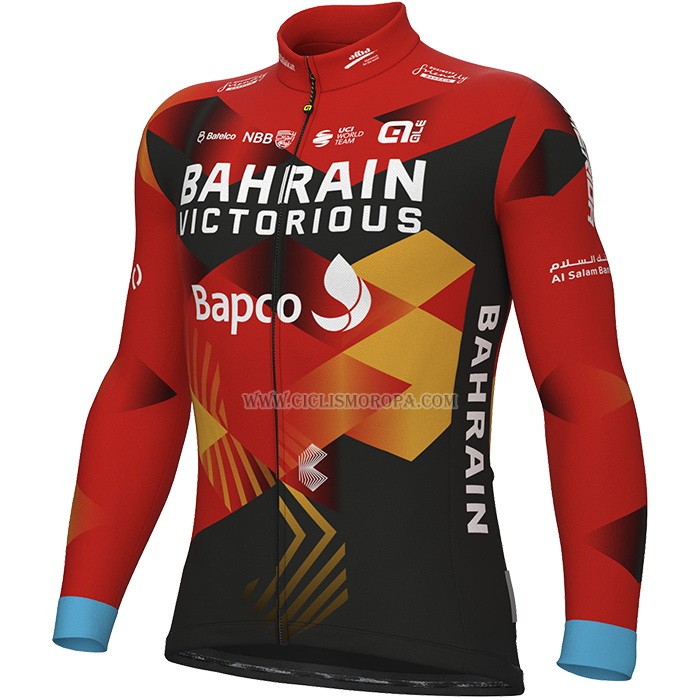 2023 Ropa Ciclismo Bahrain Victorious Rojo Negro Mangas Largas y Culotte Largo